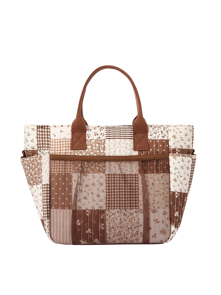 Poppy & Peonies The Lunch Club Lunch Bag in Brown Patchwork back view.
