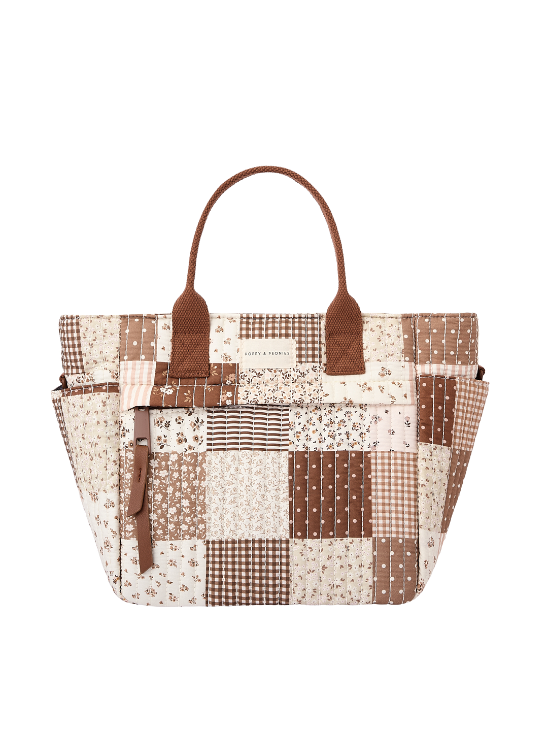 Poppy & Peonies The Lunch Club Lunch Bag in Brown Patchwork front view.