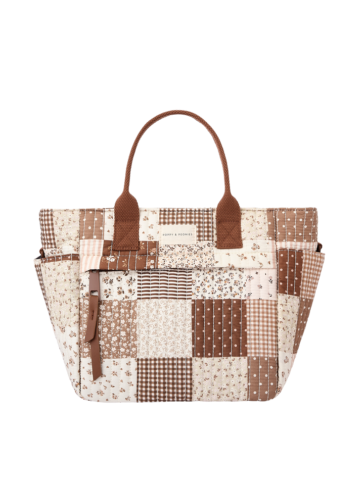 Poppy & Peonies The Lunch Club Lunch Bag in Brown Patchwork front view.