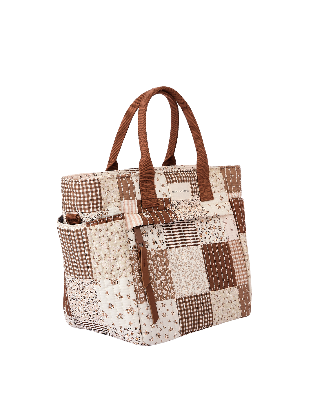 Poppy & Peonies The Lunch Club Lunch Bag in Brown Patchwork angled side view.