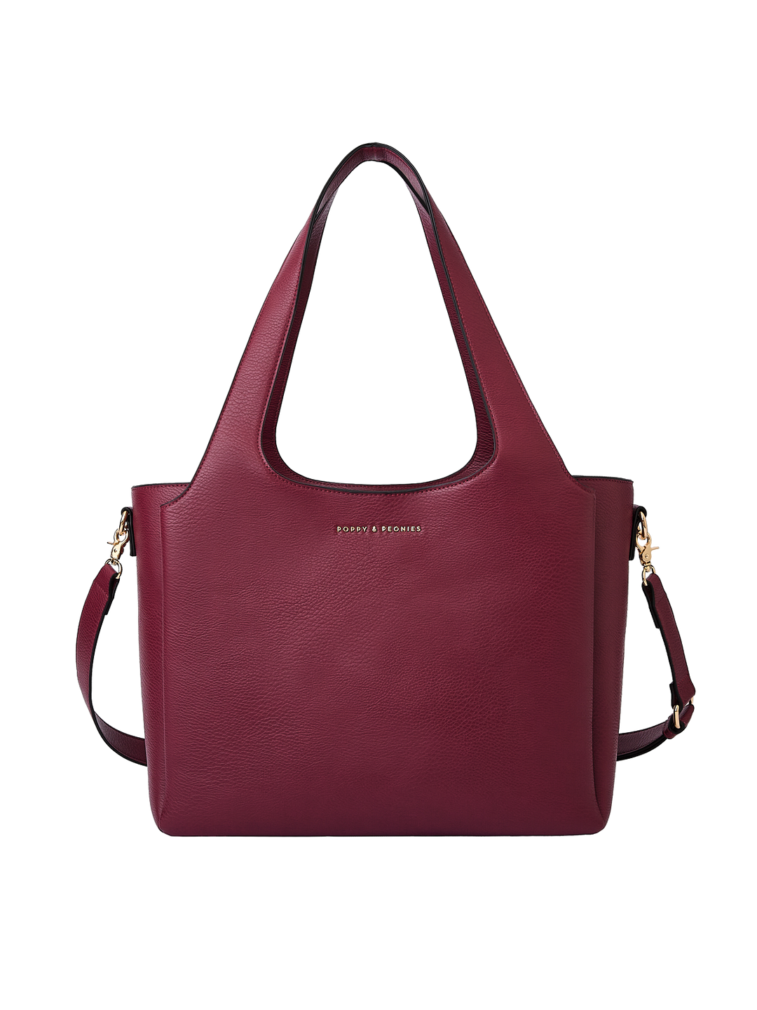 Poppy & Peonies The Companion Tote in Berry front view, featuring a structured silhouette, top handles, detachable shoulder strap and signature gold-tone logo.