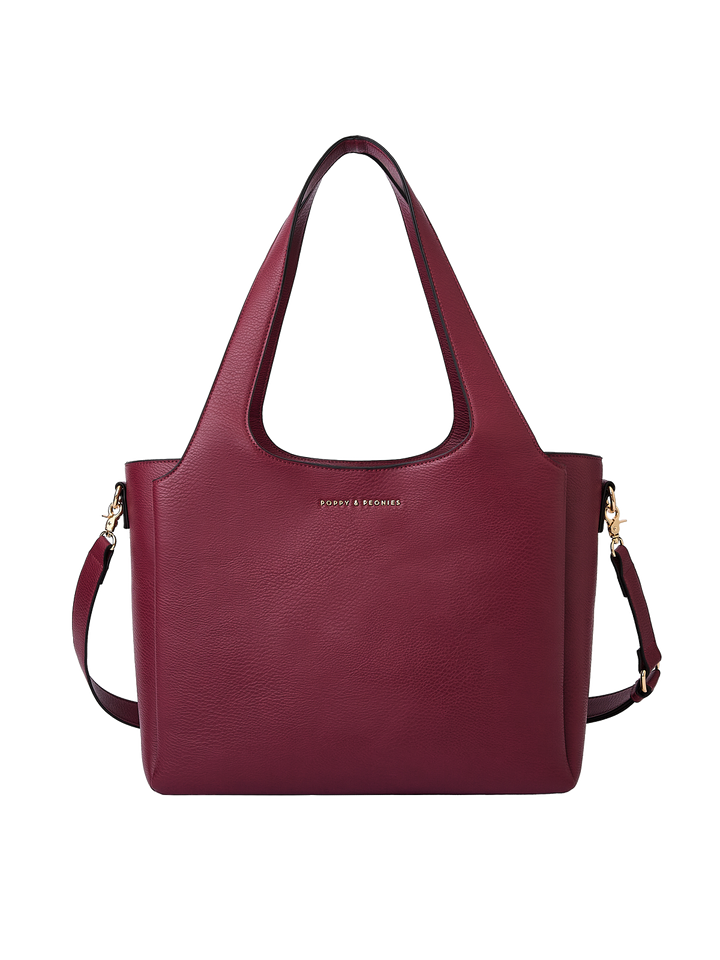 Poppy & Peonies The Companion Tote in Berry front view, featuring a structured silhouette, top handles, detachable shoulder strap and signature gold-tone logo.