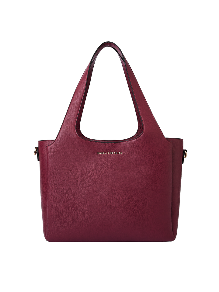 Poppy & Peonies The Companion Tote in Berry front view, featuring a structured silhouette, top handles and signature gold-tone logo.
