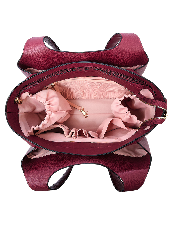 Poppy & Peonies The Companion Tote in Berry open top view, showcasing the blush-pink lined interior and organizational compartments.