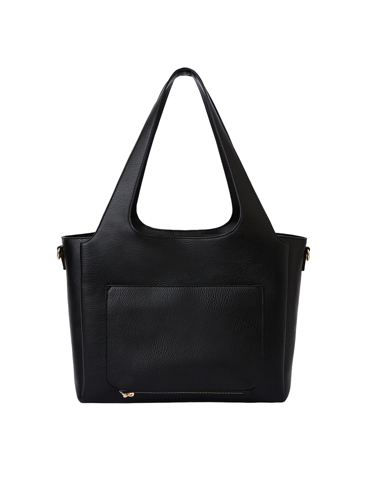 Poppy & Peonies The Companion Tote in Black back view, featuring the exterior trolley sleeve pocket.