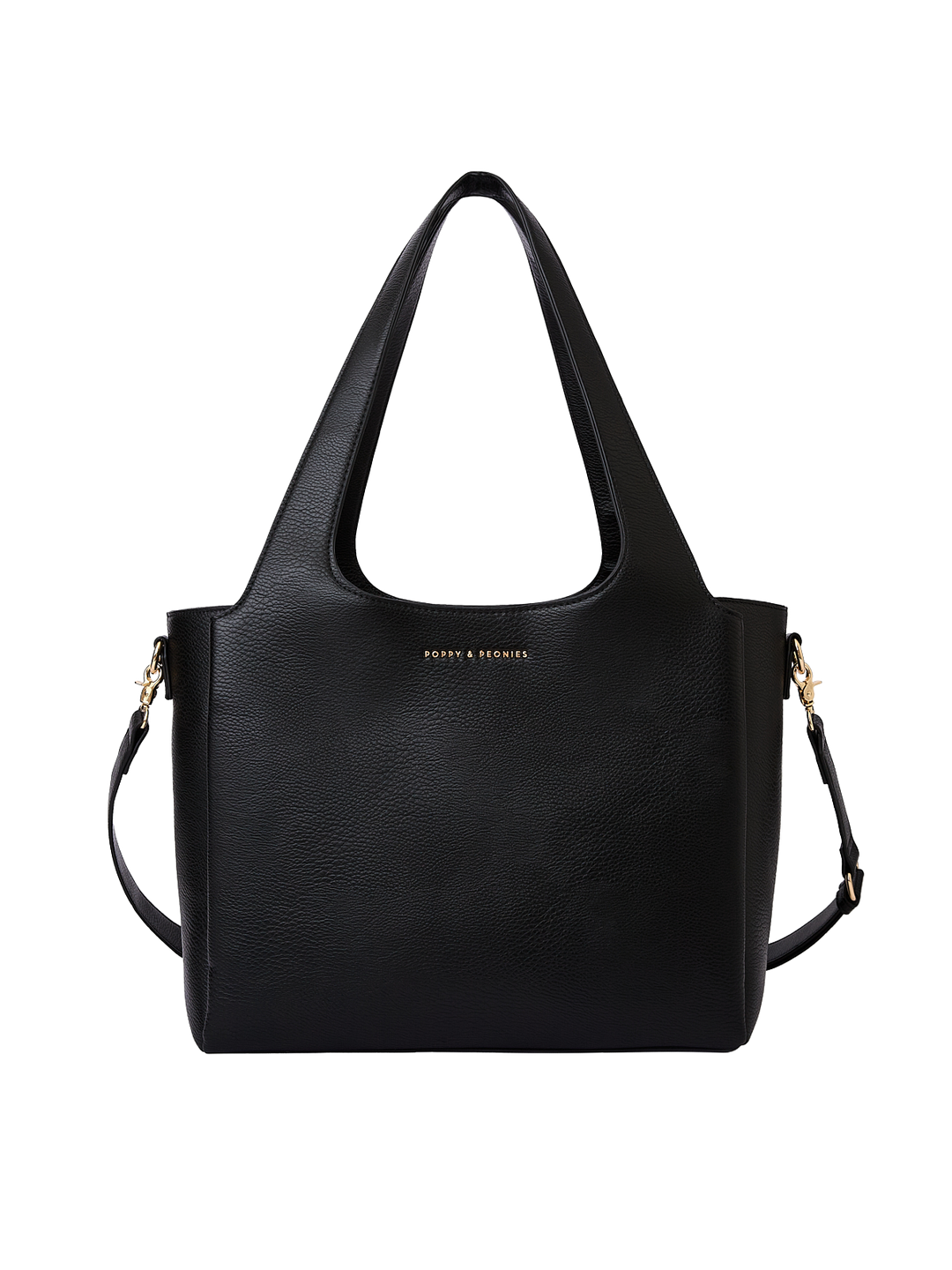 Poppy & Peonies The Companion Tote in Black front view, featuring top handles, detachable shoulder strap and signature gold-tone logo.