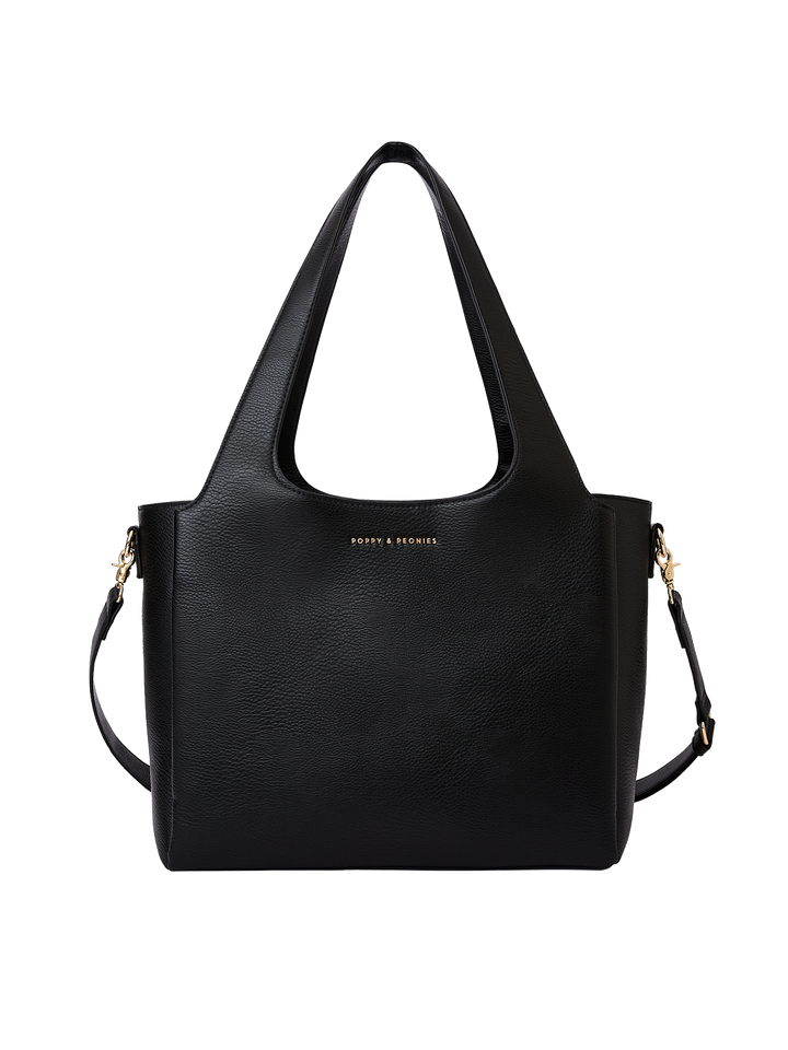 Poppy & Peonies The Companion Tote in Black front view, featuring top handles, detachable shoulder strap and signature gold-tone logo.