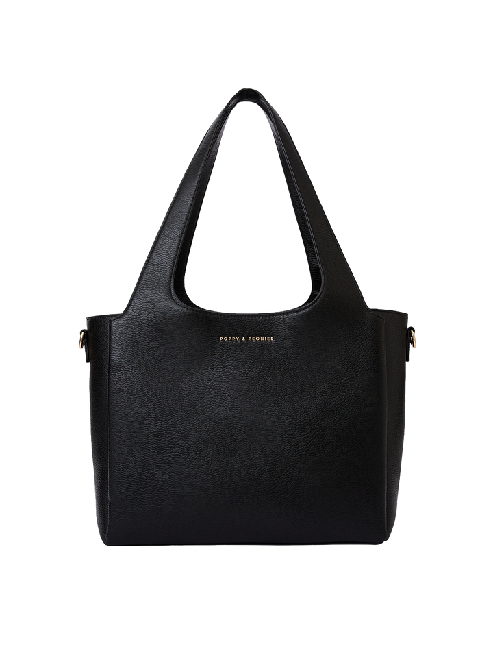 Poppy & Peonies The Companion Tote in Black front view, showcasing its structured silhouette and roomy everyday design.