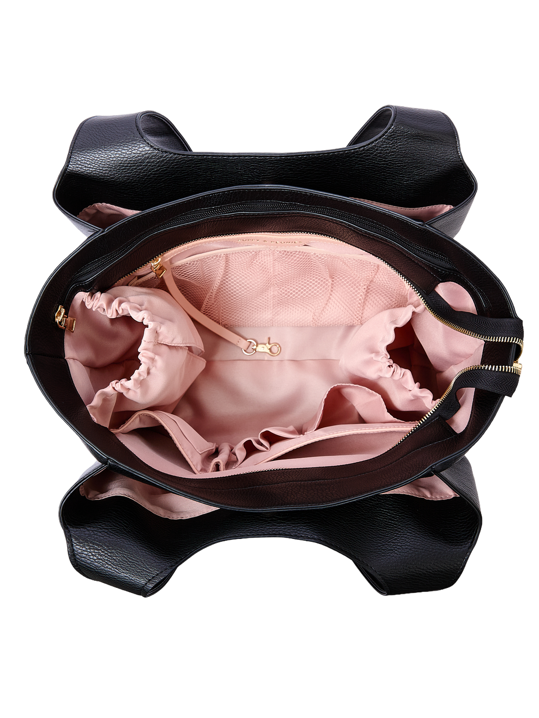 Poppy & Peonies The Companion Tote in Black open top view, showcasing the spacious blush-pink interior with cupholder and multiple organizational pockets.