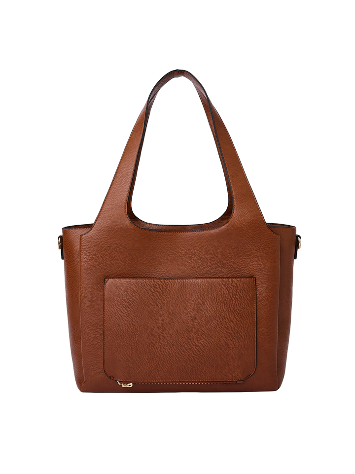Poppy & Peonies The Companion Tote in Chestnut back view, featuring the exterior trolley sleeve pocket.