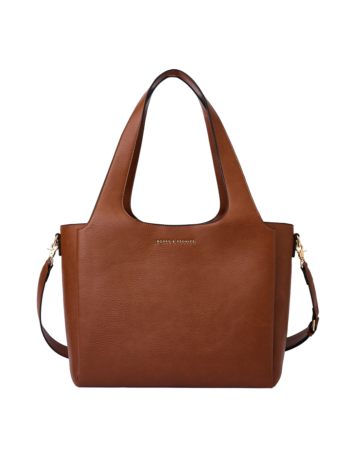 Poppy & Peonies The Companion Tote in Chestnut front view, featuring a structured silhouette, top handles and detachable shoulder strap.