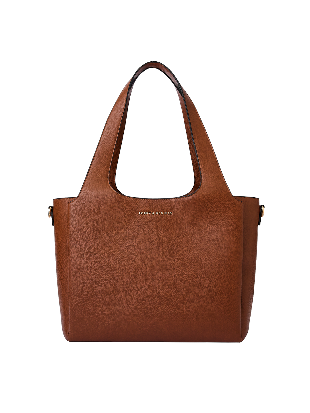 Poppy & Peonies The Companion Tote in Chestnut front view, showcasing its roomy silhouette and signature gold-tone logo.