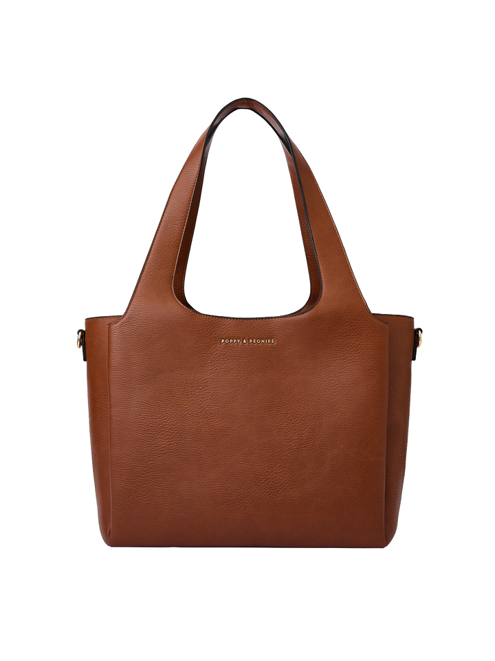 Poppy & Peonies The Companion Tote in Chestnut front view, showcasing its roomy silhouette and signature gold-tone logo.