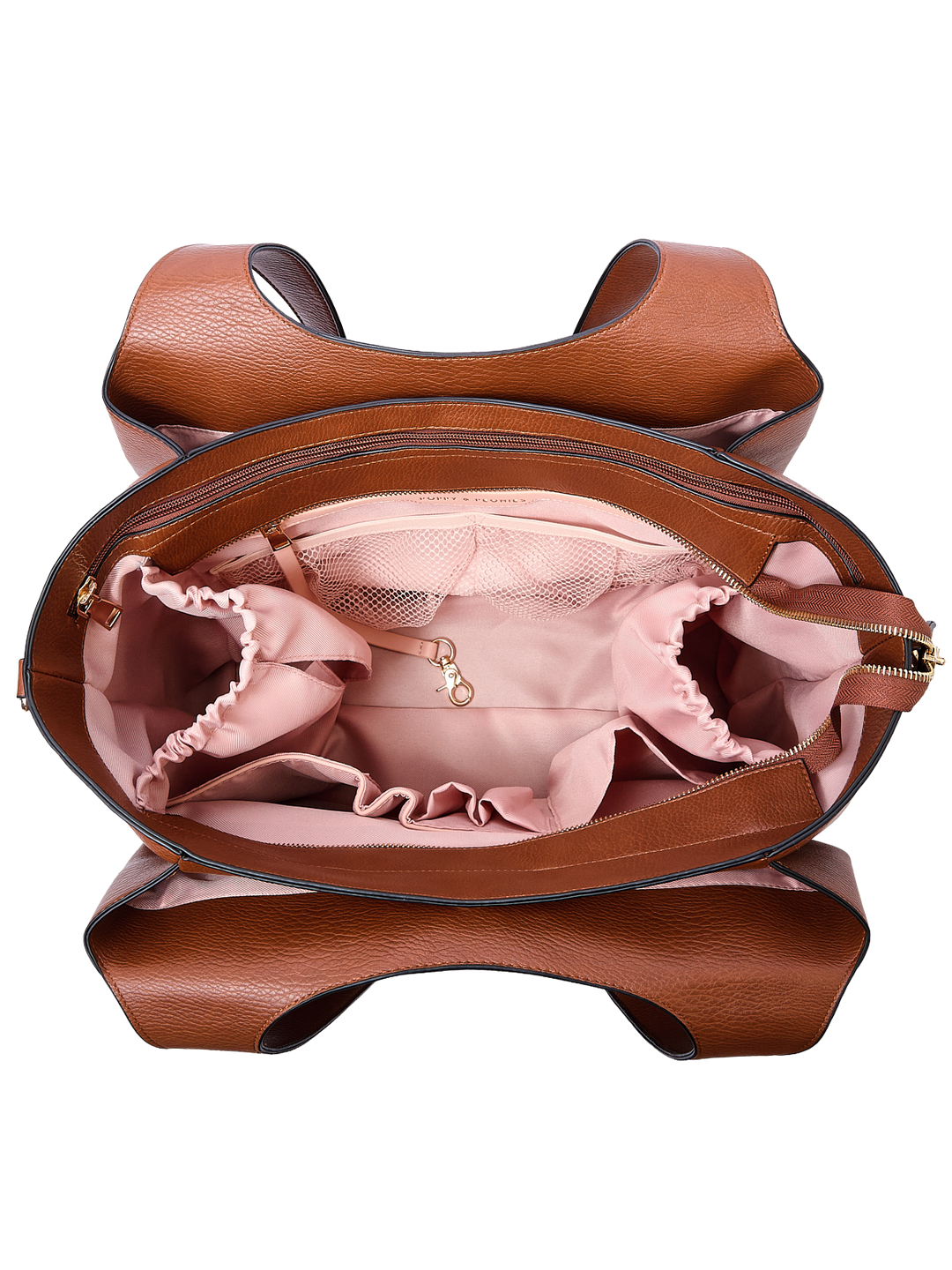 Poppy & Peonies The Companion Tote in Chestnut open top view, showcasing the blush-pink lined interior with organized compartments and cupholder.