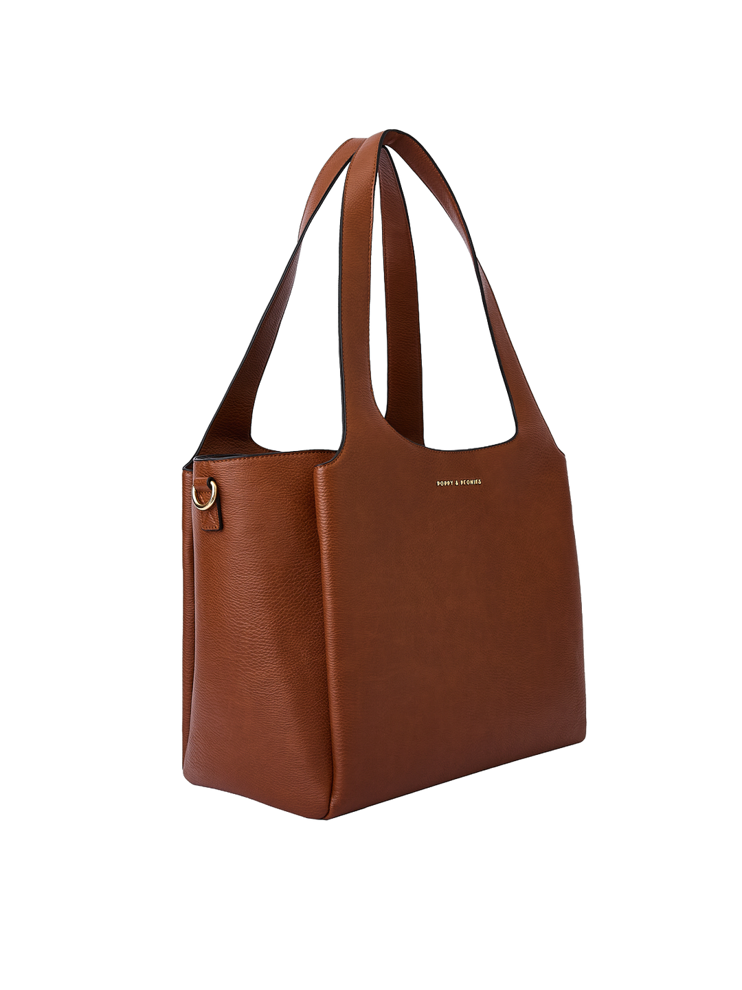 Poppy & Peonies The Companion Tote in Chestnut angled side view, highlighting the structured shape, roomy depth and top handles.