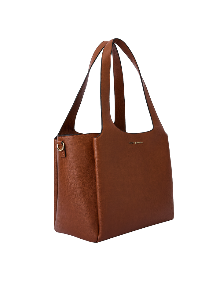 Poppy & Peonies The Companion Tote in Chestnut angled side view, highlighting the structured shape, roomy depth and top handles.