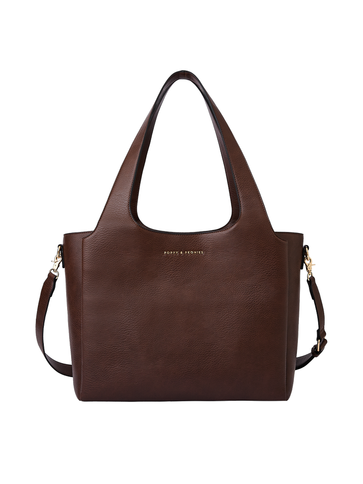 Poppy & Peonies The Companion Tote in Espresso front view, featuring top handles, detachable shoulder strap and signature gold-tone logo.