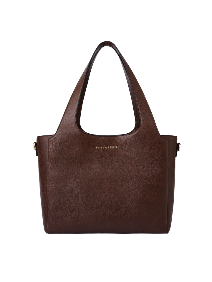 Poppy & Peonies The Companion Tote in Espresso front view, showcasing its structured silhouette and integrated top handles.