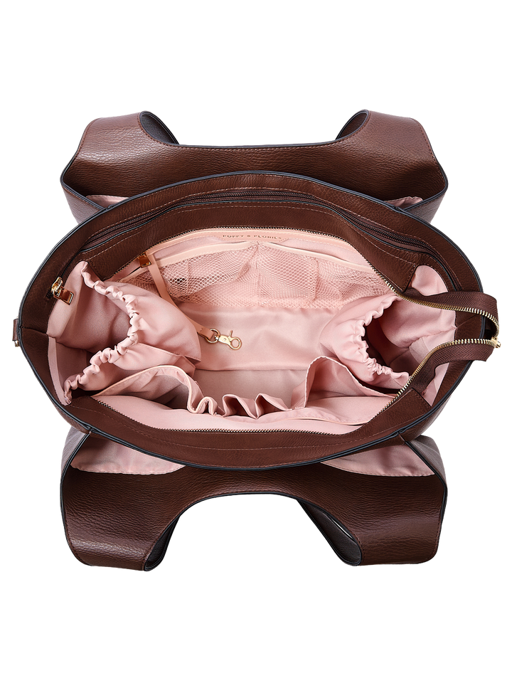 Poppy & Peonies The Companion Tote in Espresso open top view, showcasing the blush-pink lined interior with multiple organizational compartments.