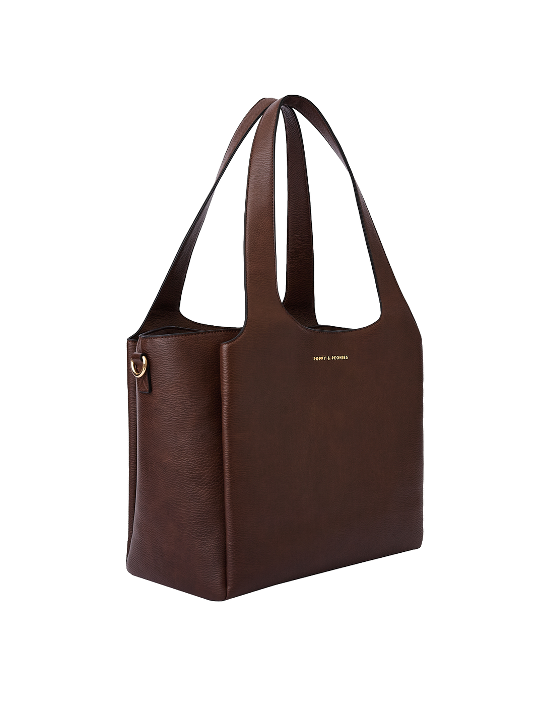Poppy & Peonies The Companion Tote in Espresso angled side view, highlighting its spacious structured profile and top handles.