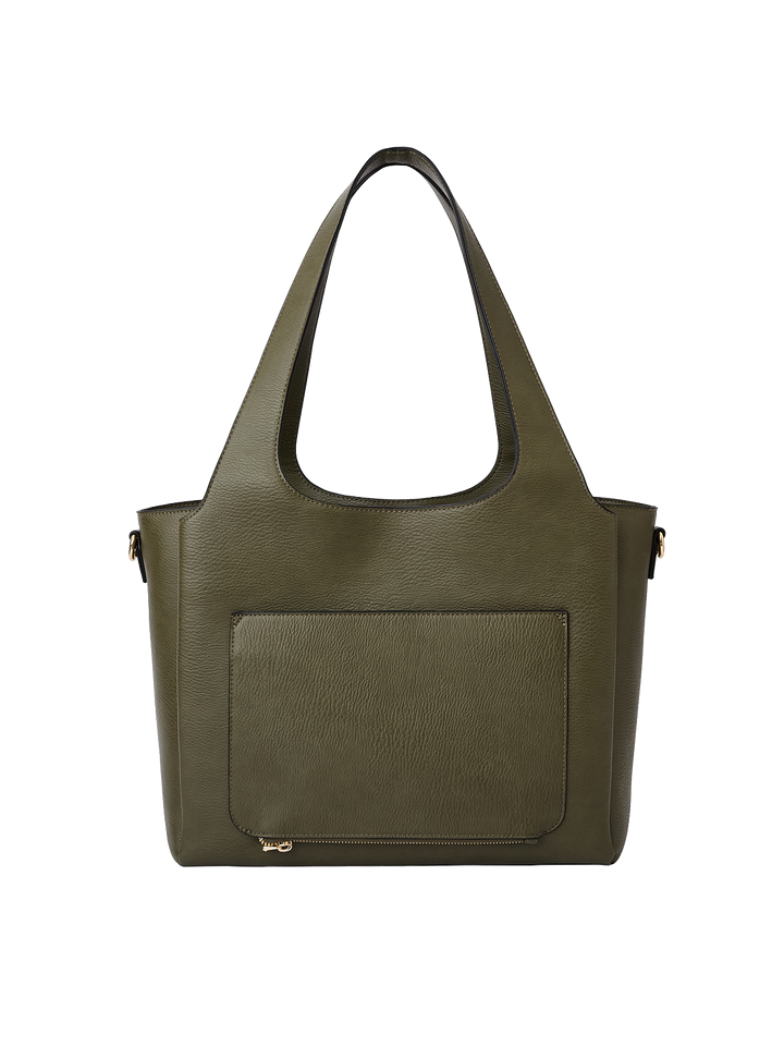 Poppy & Peonies The Companion Tote in Olive back view, featuring the exterior trolley sleeve pocket.