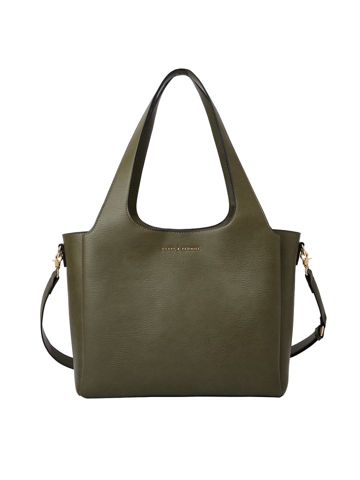 Poppy & Peonies The Companion Tote in Olive front view, featuring top handles, detachable shoulder strap and signature gold-tone logo.