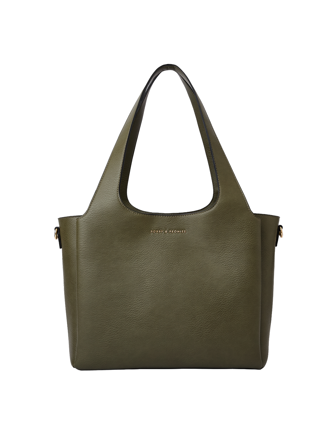 Poppy & Peonies The Companion Tote in Olive front view, showcasing its structured silhouette, roomy design and signature gold-tone logo.