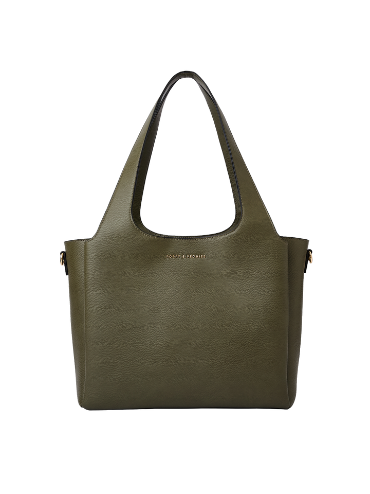 Poppy & Peonies The Companion Tote in Olive front view, showcasing its structured silhouette, roomy design and signature gold-tone logo.