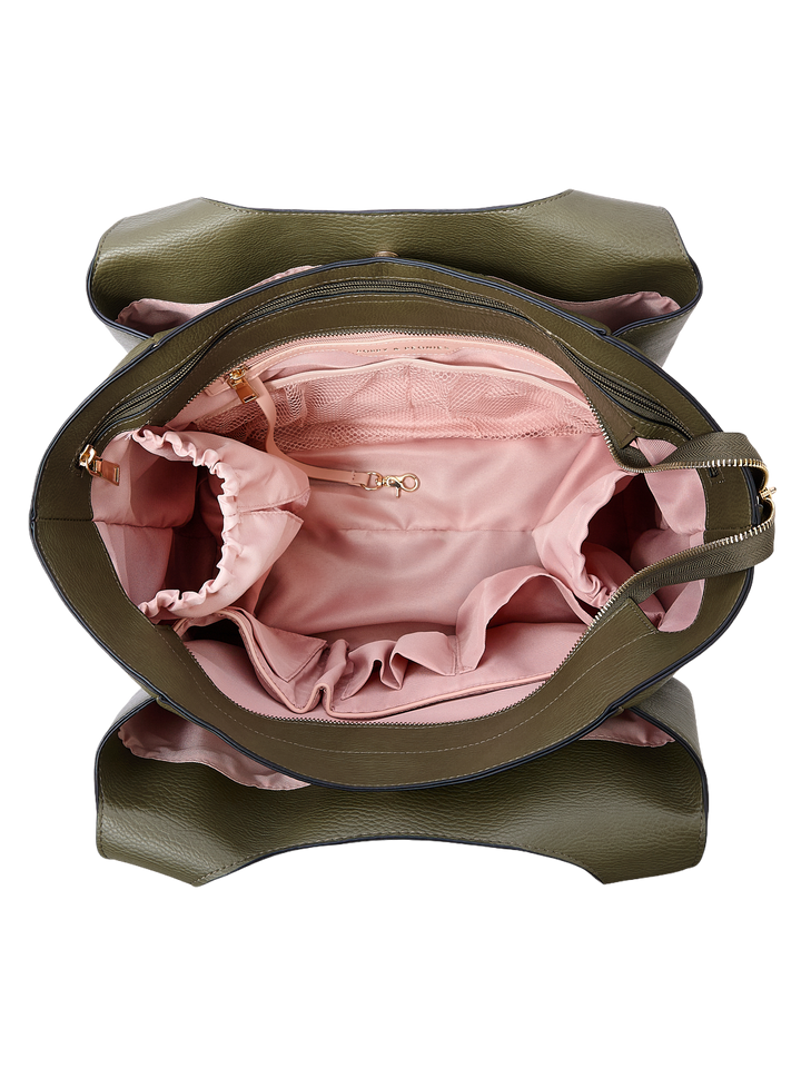 Poppy & Peonies The Companion Tote in Olive open top view, showcasing the spacious blush-pink interior with cupholder and multiple organizational pockets.