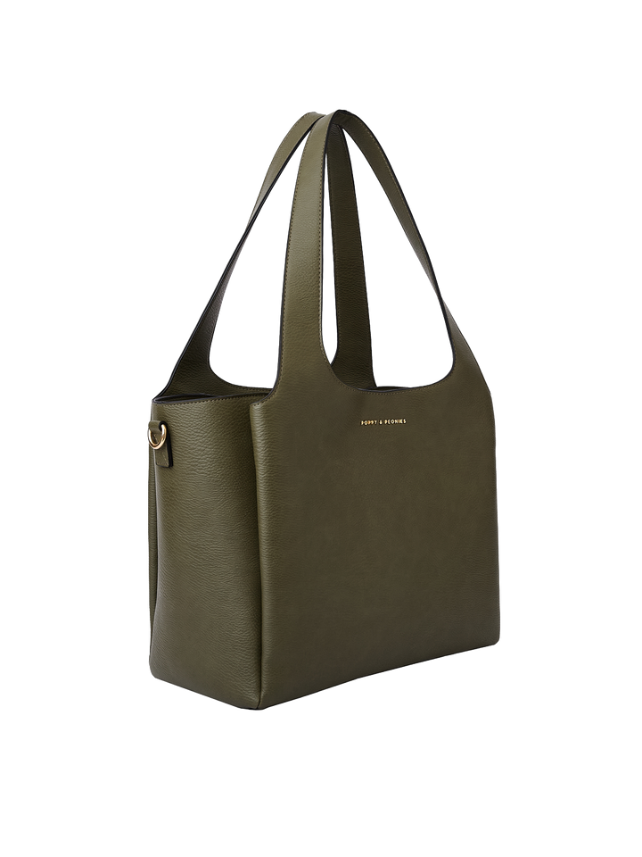 Poppy & Peonies The Companion Tote in Olive angled side view, highlighting its spacious depth, structured shape and top handles.