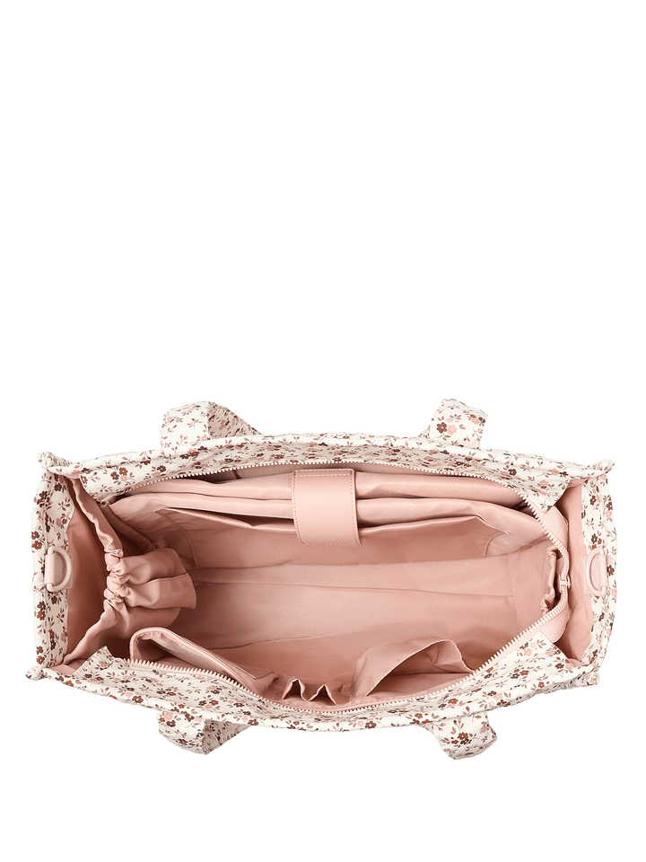 Interior of a floral-patterned tote bag 