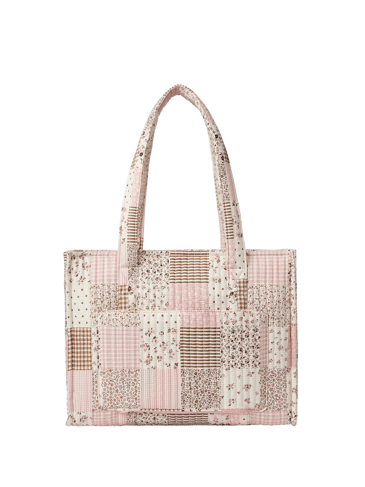 Patchwork tote bag with floral and plaid patterns