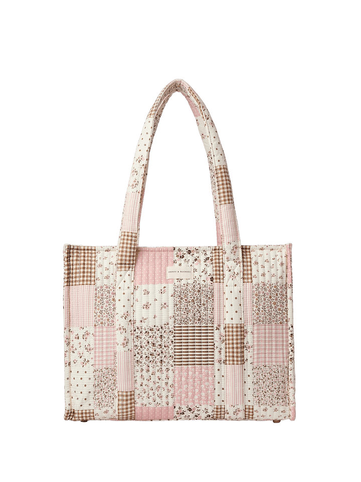 Patchwork tote bag with floral and plaid patterns
