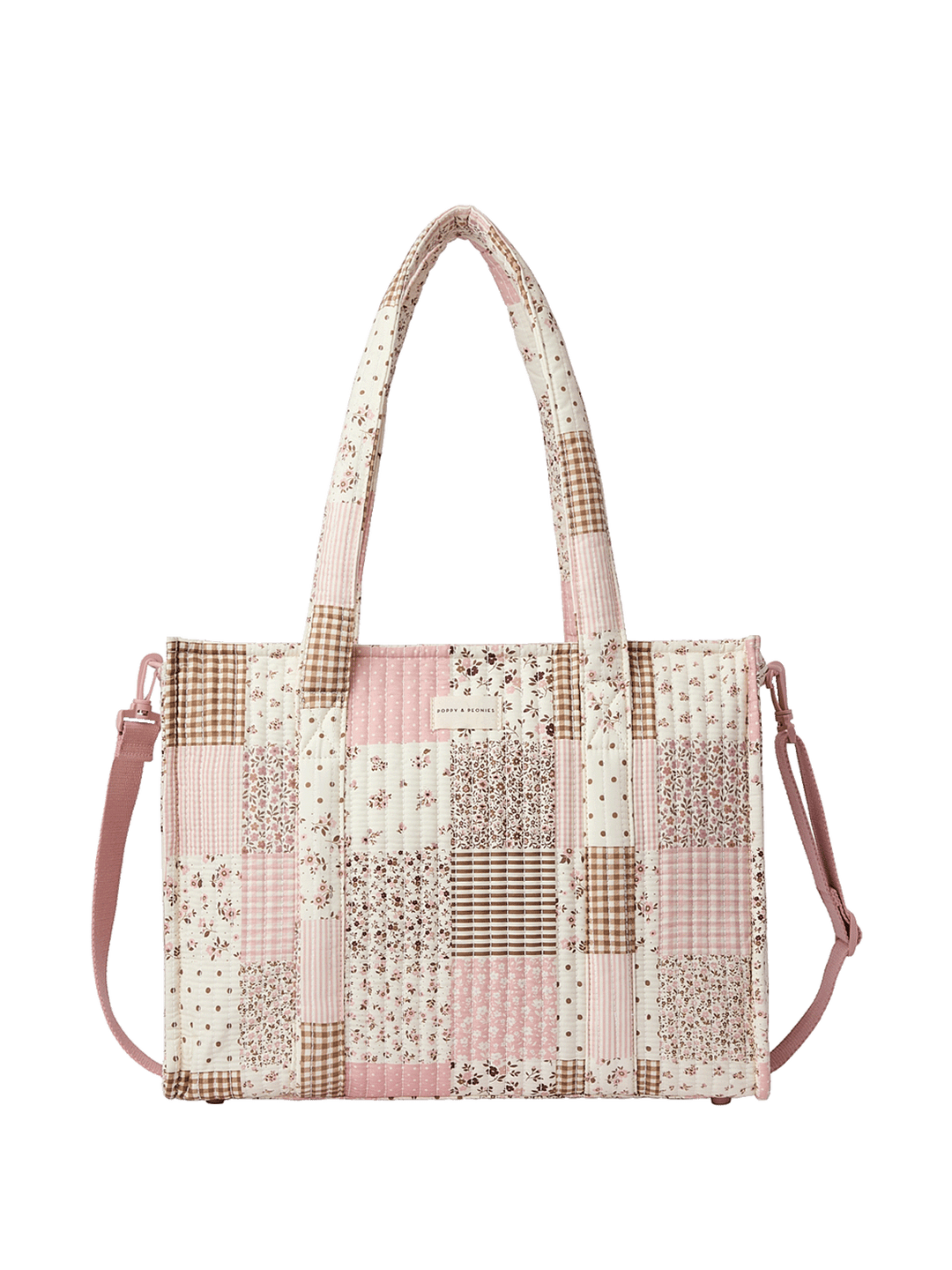 Patchwork tote bag with floral and plaid patterns