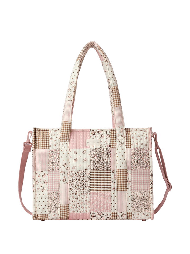 Patchwork tote bag with floral and plaid patterns