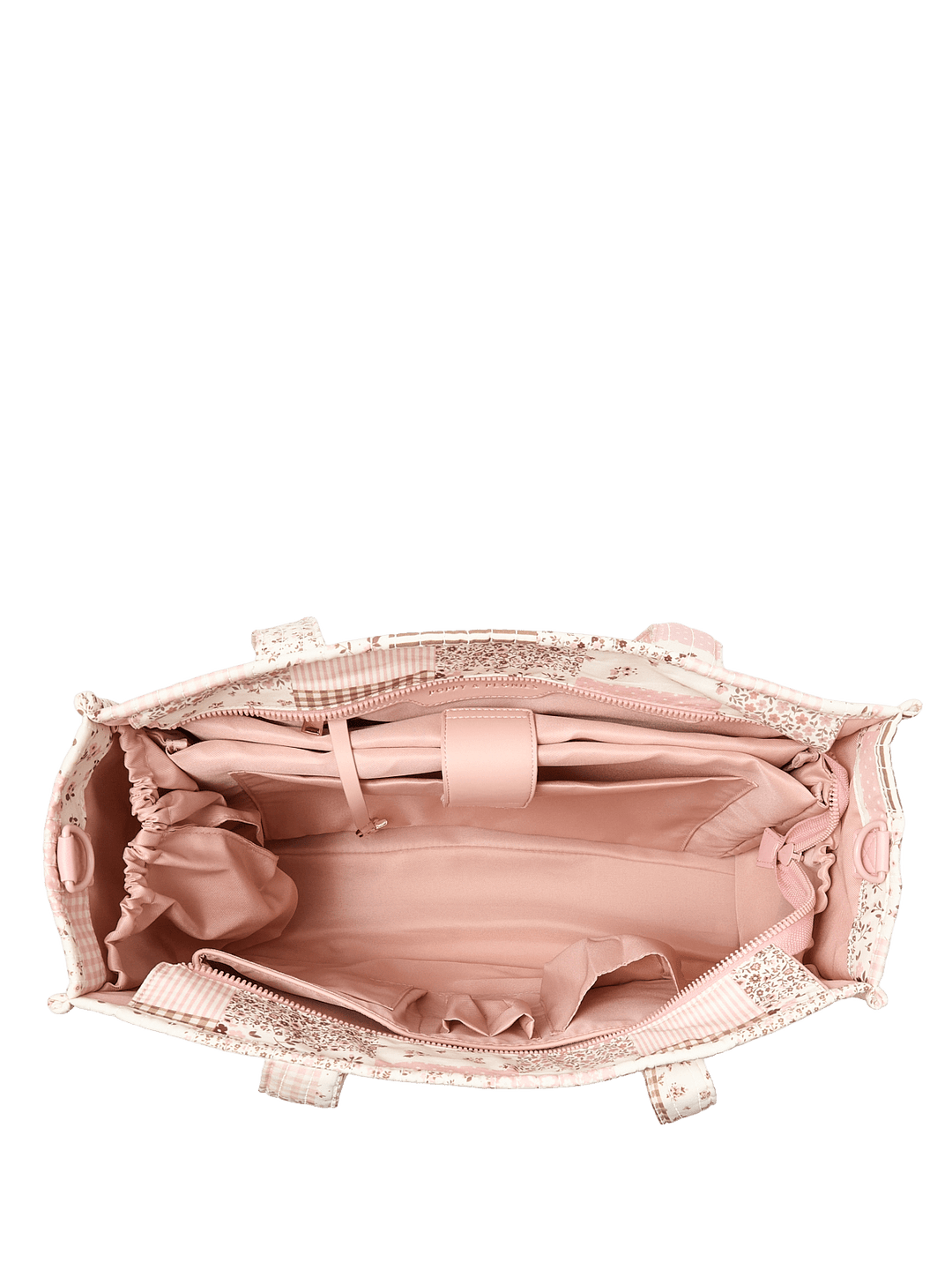 Open patchwork tote bag with floral and plaid patterns and a pink interior