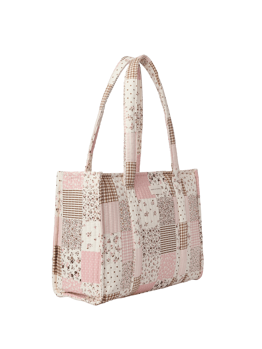 Patchwork tote bag with floral and plaid patterns