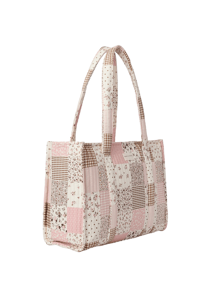 Patchwork tote bag with floral and plaid patterns