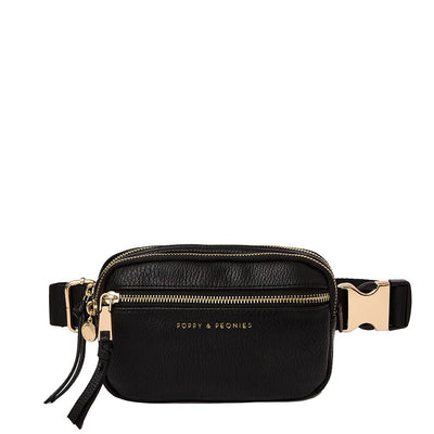 Front of black vegan leather Poppy and Peonies belt bag