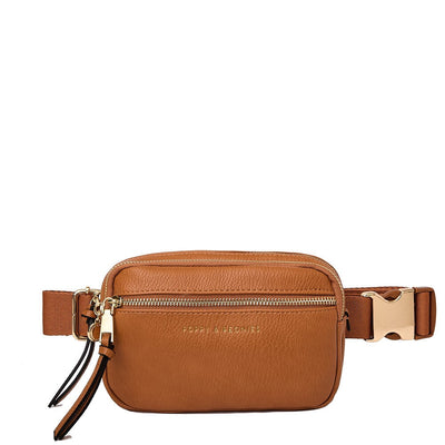 Front of a cognac coloured Poppy and Peonies belt bag