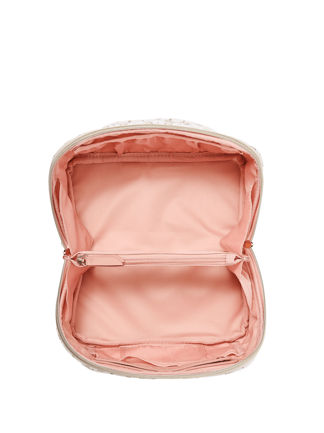 Open makeup bag with a pink interior