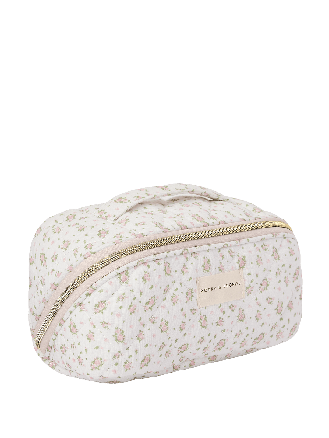 Floral-patterned cosmetic bag with a gold zipper