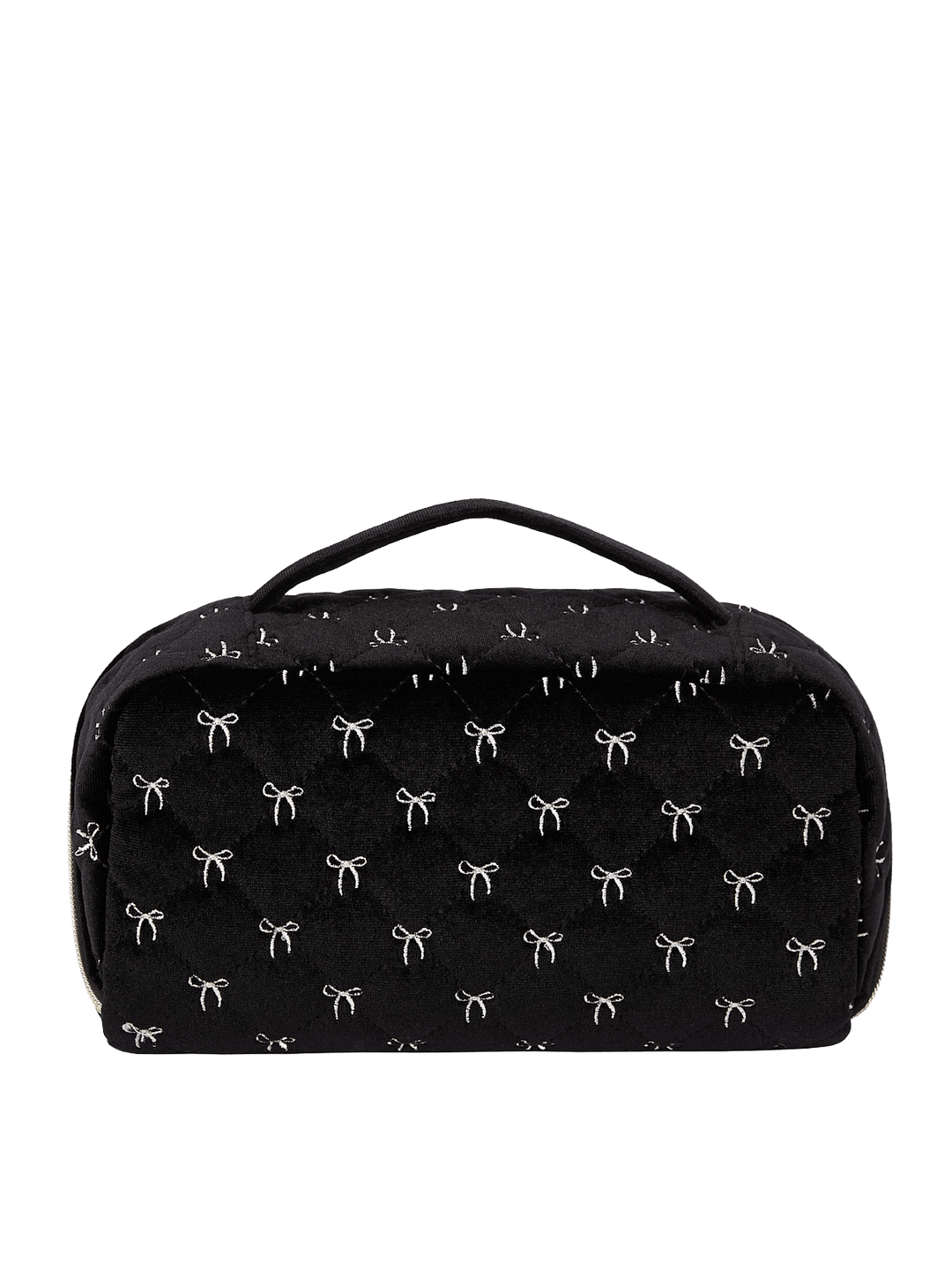 Poppy and Peonies Open and Glow Cosmetic Case Black Velvet displayed from the back, featuring its soft black velvet exterior with delicate white bow patterns, structured rectangular silhouette, top carrying handle, and zippered closure.