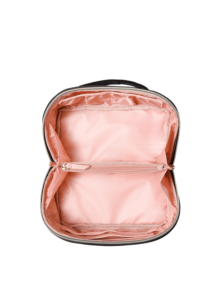 Poppy and Peonies Open and Glow Cosmetic Case Black Velvet displayed fully open from above, showcasing its blush pink satin interior, spacious main compartment, and gold-tone zipper closure.