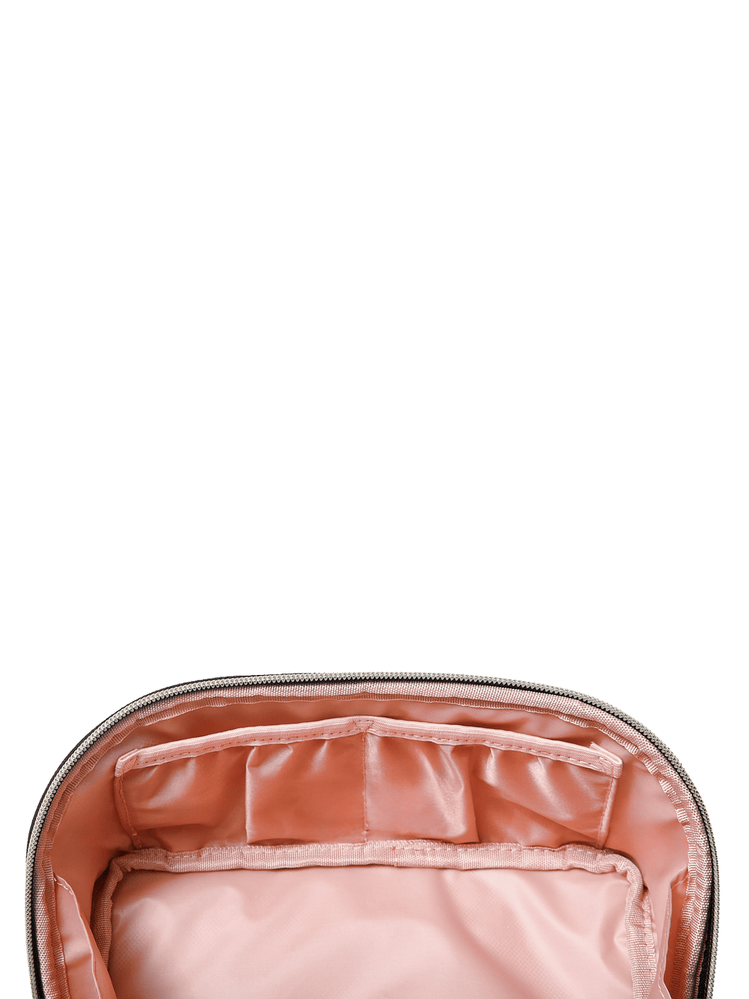 Poppy and Peonies Open and Glow Cosmetic Case Black Velvet shown open from above, highlighting its blush pink satin lining, interior storage pockets, and spacious compartments.