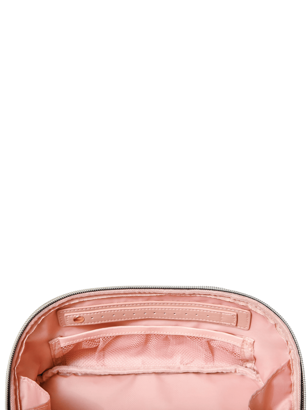 Poppy and Peonies Open and Glow Cosmetic Case Black Velvet displayed partially open from above, revealing its blush pink satin interior with elastic storage pockets and organized compartments for beauty essentials.