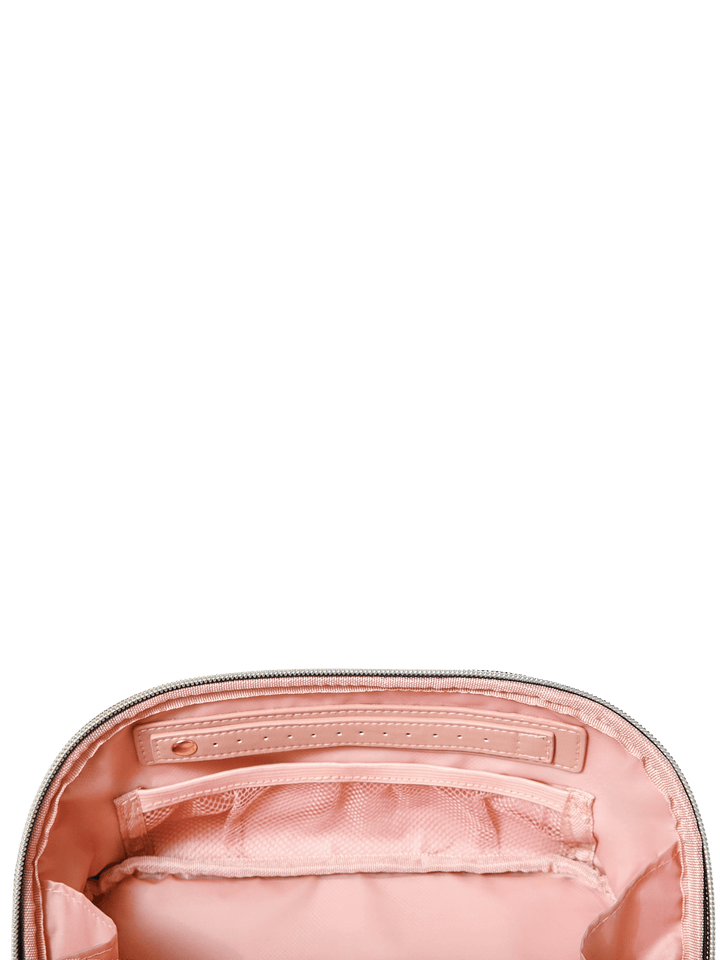 Poppy and Peonies Open and Glow Cosmetic Case Black Velvet displayed partially open from above, revealing its blush pink satin interior with elastic storage pockets and organized compartments for beauty essentials.