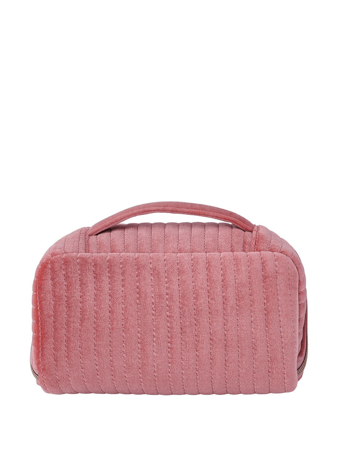 Pink velvet quilted cosmetic bag with a handle