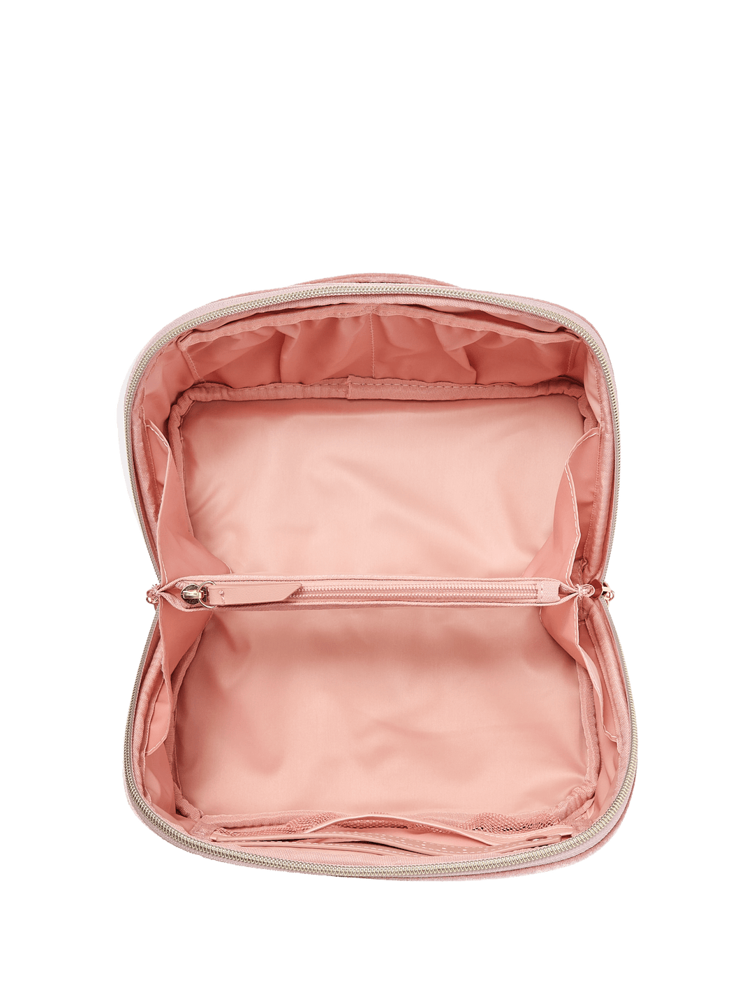 Interior of a pink velvet quilted cosmetic bag