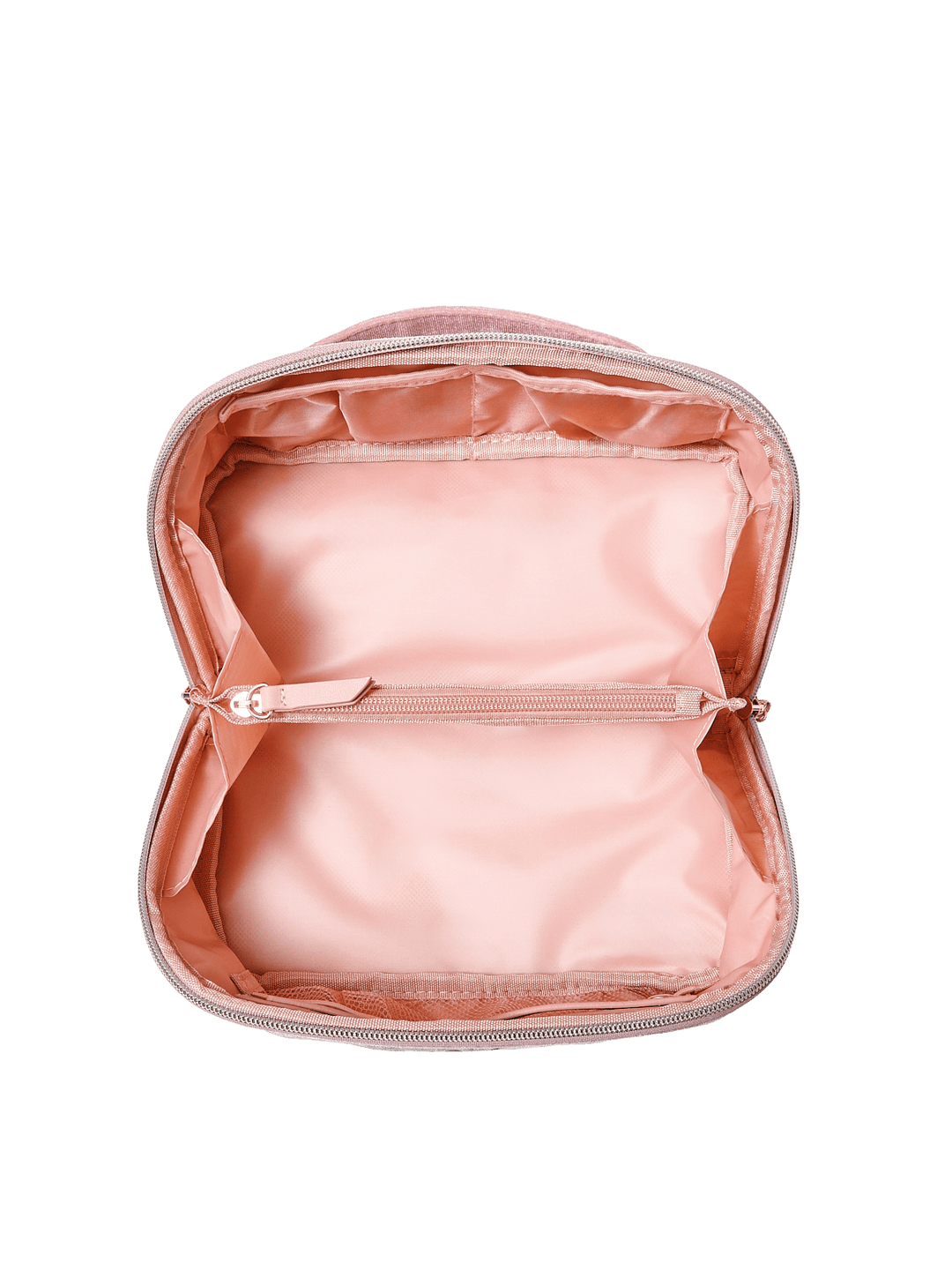 Poppy and Peonies Open and Glow Cosmetic Case Pink Velvet displayed fully open from above, showcasing its blush pink satin interior, spacious main compartment, and gold-tone zipper closure.